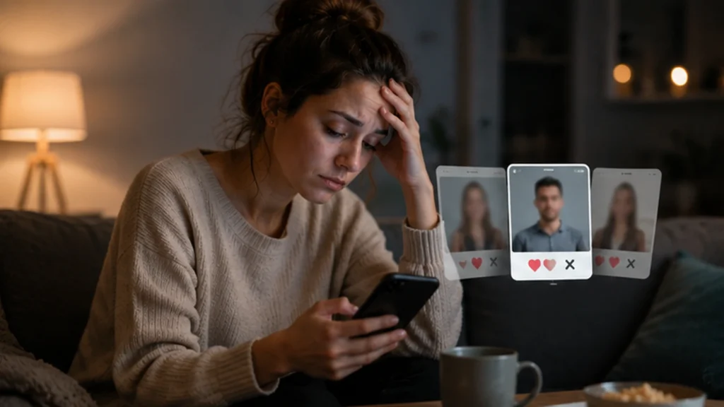 Müde Person schaut frustriert auf Dating-App am Smartphone