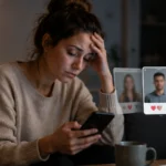 Müde Person schaut frustriert auf Dating-App am Smartphone