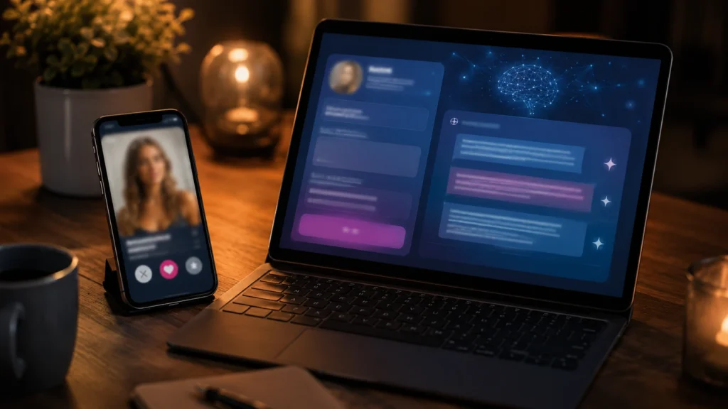 Laptop mit unscharfer KI-Oberfläche für Profiltexte und Nachrichtenvorschläge beim Online-Dating