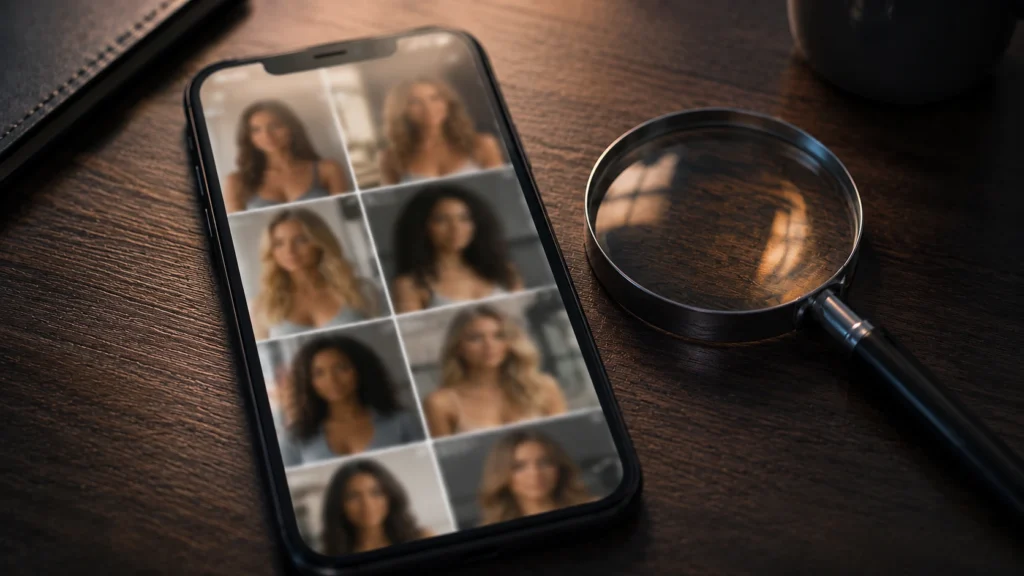 Dating-Profilbilder mit Lupe als Symbol für die Prüfung KI-generierter Bilder beim Online-Dating