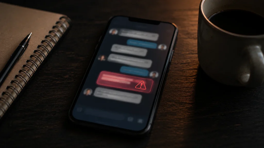 Smartphone mit unscharfem Dating-Chat und Warnsymbol als Hinweis auf KI-gestützten Dating-Betrug