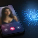Smartphone mit unscharfem Dating-Profil und dezentem KI-Symbol als Hinweis auf KI beim Online-Dating