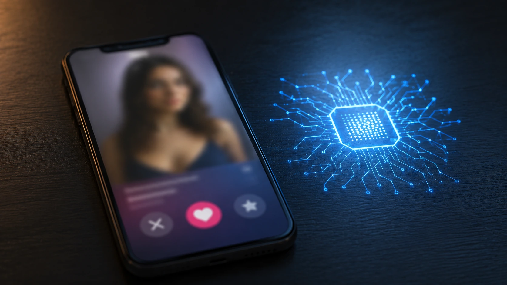 Smartphone mit unscharfem Dating-Profil und dezentem KI-Symbol als Hinweis auf KI beim Online-Dating