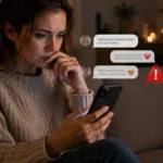 Smartphone mit Dating-Chat und Warnsymbol als Hinweis auf Romance Scam