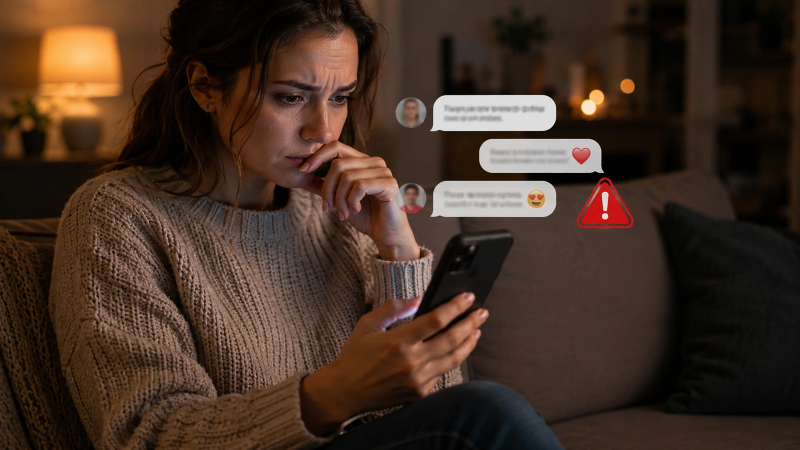 Smartphone mit Dating-Chat und Warnsymbol als Hinweis auf Romance Scam